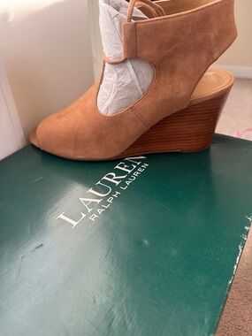 Lauren Ralph Lauren Cognac Suede Cutout Wedge Booties